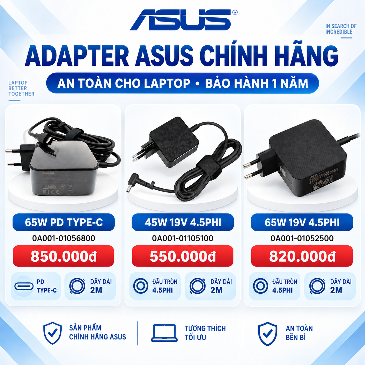 Ba mẫu adapter ASUS chính hãng 45W và 65W tại NESE